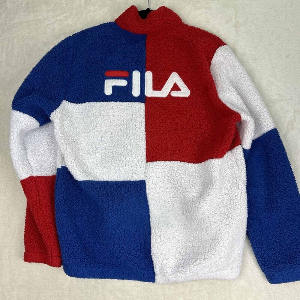 Fila Sherpa Sweater Men’s Size Small Back Red White Blue Zip Up Jacket